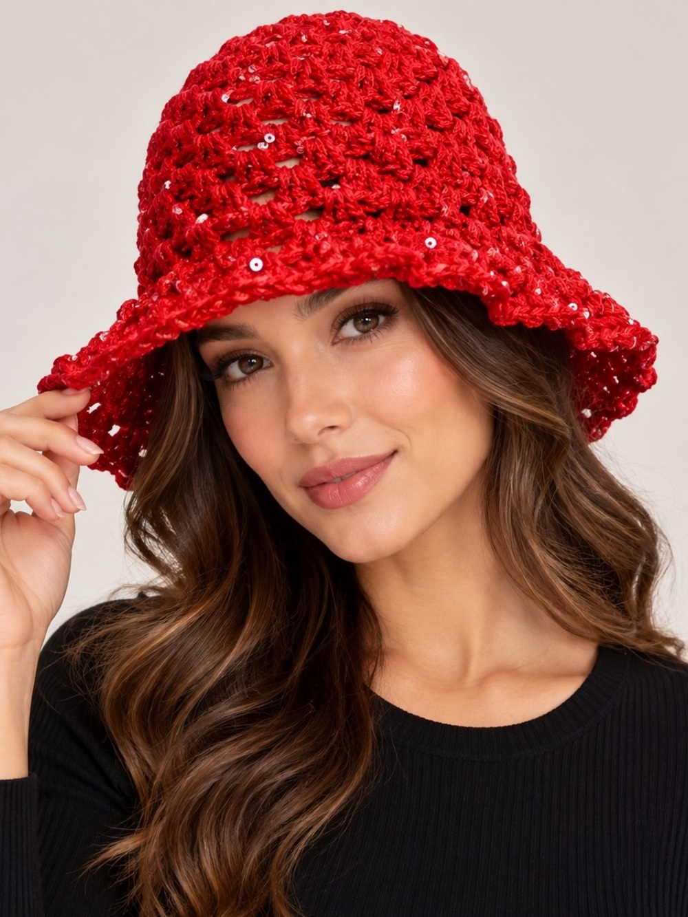 Handmade Red Sequin Crochet Bucket Hat Ruffle Trim Sun Cloche